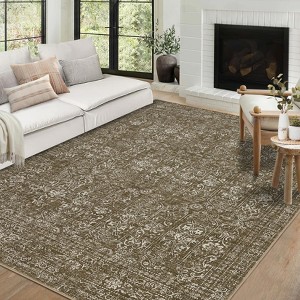 EcoSummer 96×120 in Washable Area Rug for Living Room, Distressed Boho Rug, Non-Slip Low Pile Soft Carpet, Stain Resistant Folding Floor Rug, Taupe - 1 of 4