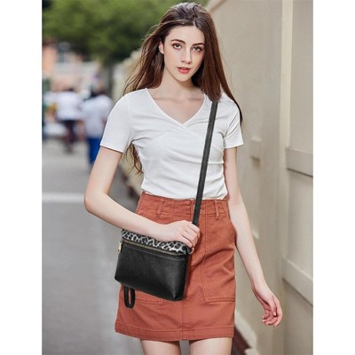 FATMOON Color Block Leopard Print Crossbody Bag  - Small Phone Purse with Modern Style Leather Carving and Wristlet Wallet