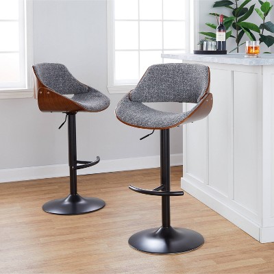Set of 2 Walnut and Dark Gray Adjustable Swivel Barstools