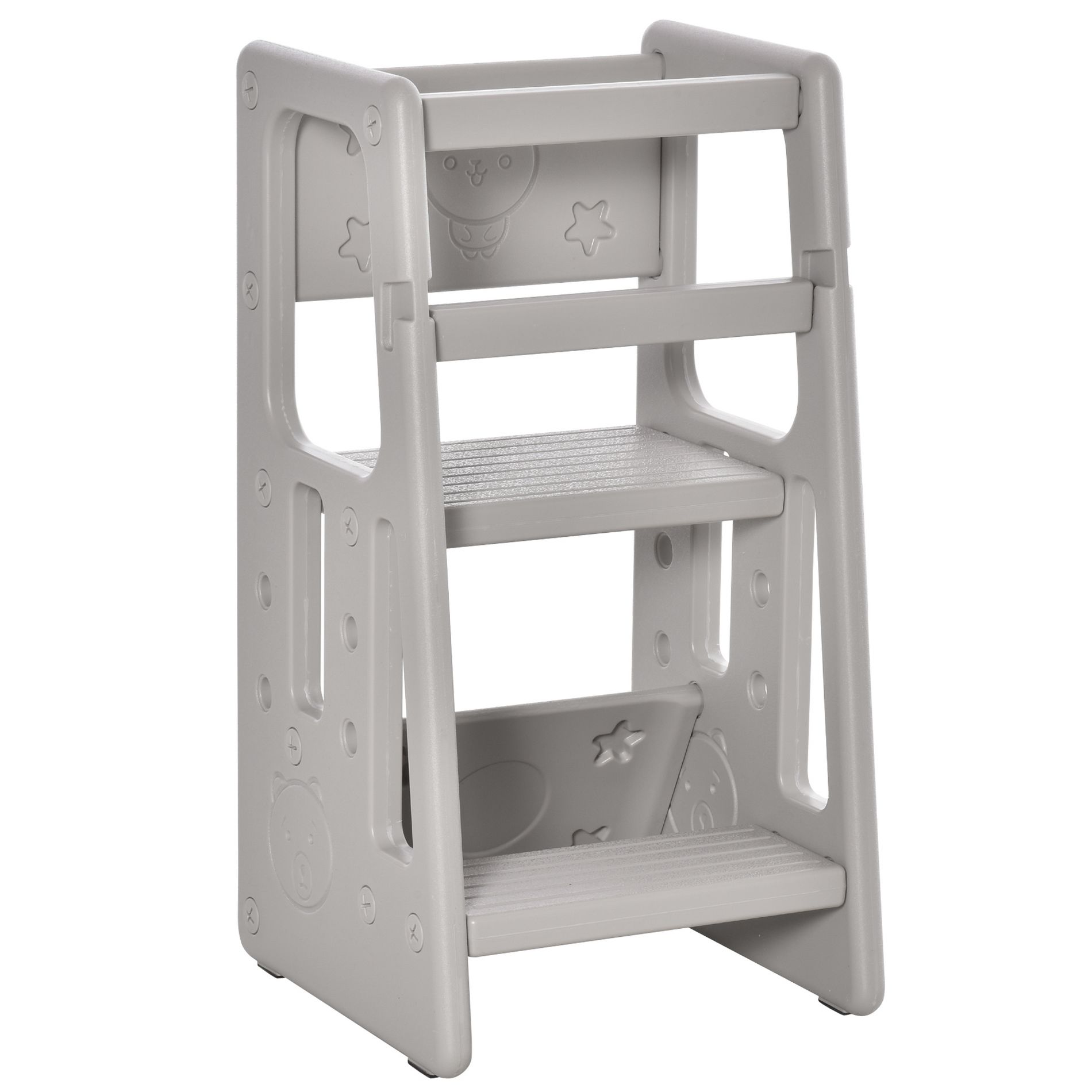 Qaba Toddler Tower with Adjustable Height, Toddler Kitchen Stool Helper with Anti-slip Mat, Step Stool for Kitchen, Bathroom, Bedroom, Gray