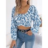 Coolmee Women's Casual Floral Printed Pleated Square Neck Tops Tie Back Cropped Top Summer Long Lantern Sleeve Shirt Blouse S Blue - 3 of 4