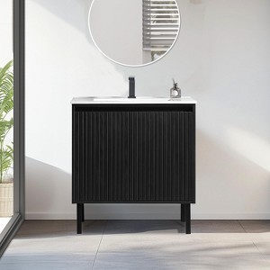 UNISOAR 24"/30"/36" Modern Bathroom Vanity with Ceramic Sink, Free Standing or Wall Mounted Floating Cabinet With 2 Soft Close Doors, Black/Walnut - 1 of 4