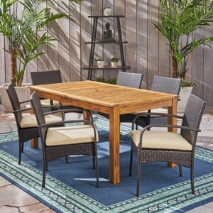 Christopher Knight Home Elmar Outdoor Acacia Wood and Wicker 7 Piece Expandable Dining Set - 1 of 4