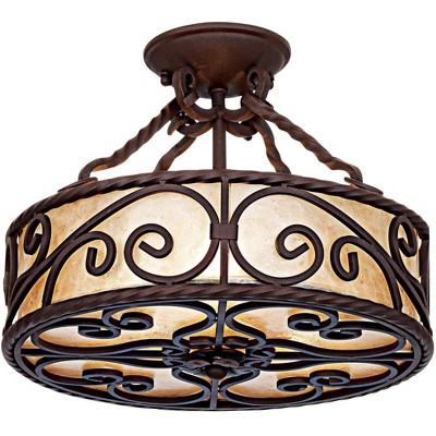 John Timberland Rustic Ceiling Light Semi Flush Mount Fixture Deep Walnut Scroll 15" Wide Natural Mica Drum Shade Bedroom Kitchen