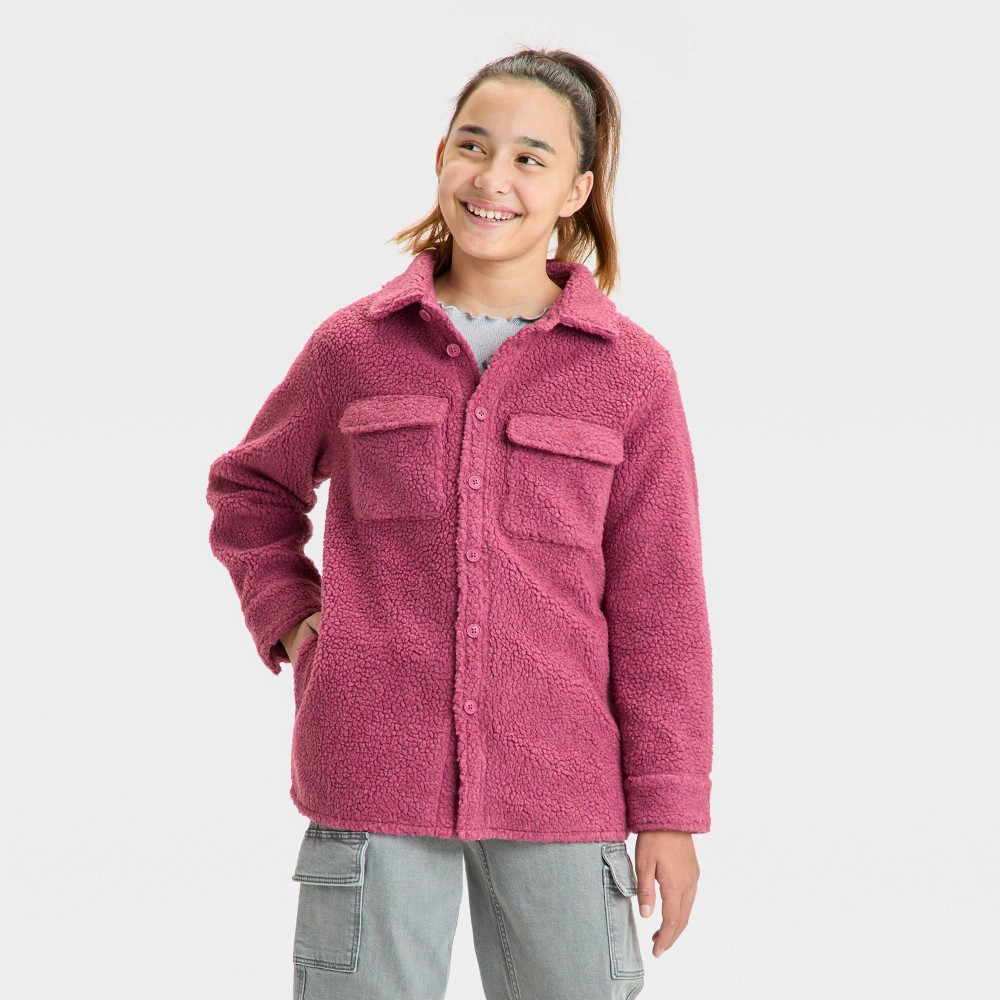 Girls' Solid Shearling Shacket - art class™ Berry Red Size-M