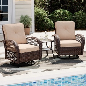 UPHA 3-Piece Patio Outdoor Wicker Swivel Rocking Chair Set with Side Table and Cushions - 1 of 4