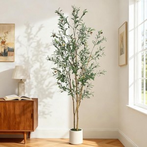 Olive Trees Artificial Indoor,Faux Olive Tree with Planter & Green Fake Moss, Artificial Plants with Natural Wood Trunk & Lifelike Fruits - 1 of 4