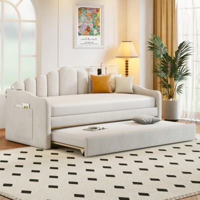 Modern Velvet Daybed with Two USB Charging Ports, Pull-out Bed, and Integrated Storage for Small Spaces-Maison Boucle
