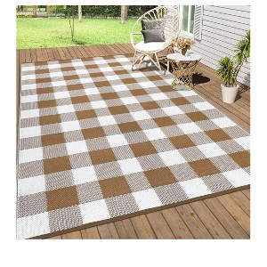 Black and white - 9*12 feet  Outdoor Area Rug Plastic Waterproof  Stain Resistant Checkered Reversible Light Weight Portable Mat UV Resistant Carpet - 1 of 4