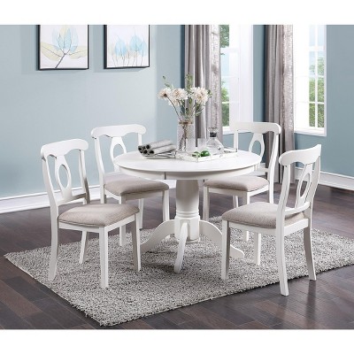VYNXARIA Classic Design Dining Room 5pc Set Round Table 4x side Chairs Cushion Fabric Upholstery Seat Rubberwood Furniture