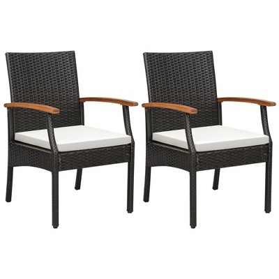 Tangkula Set of 2 PE Wicker Chairs Acacia Wood Armrests w/ White Soft Zippered Cushion Patio