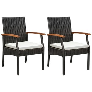 Tangkula Set of 2 PE Wicker Chairs Acacia Wood Armrests w/ White Soft Zippered Cushion Patio - 1 of 4