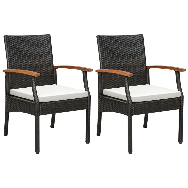 Tangkula Set of 2 PE Wicker Chairs Acacia Wood Armrests w/ White Soft Zippered Cushion Patio, 1 of 6