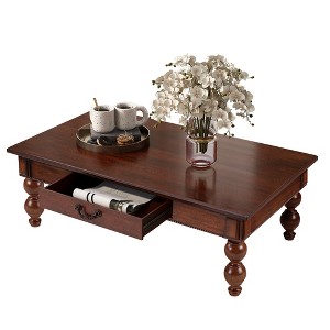 47" Rectangular Vintage Coffee Table with Drawer, MDF & Acacia Wood Veneer Top, Rubber Wood Gourd-Shaped Legs Rustic Living Room Cocktail Table - 1 of 4