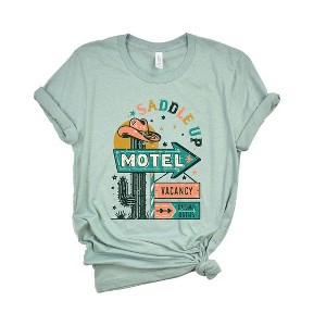 Simply Sage Market Women's Saddle Up Motel Distressed Short Sleeve Graphic Tee - 1 of 3