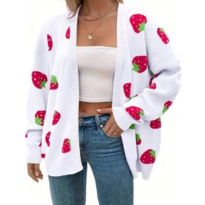 Coolmee Women's Plus Size Strawberry Print Casual Long Sleeve Open Front Knit Cardigan Sweater - 1 of 4