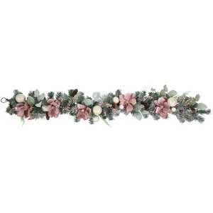 Northlight 6' Pink Floral and Ball Ornament Frosted Pine Artificial Christmas Garland - 1 of 4