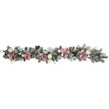 Northlight 6' Pink Floral and Ball Ornament Frosted Pine Artificial Christmas Garland