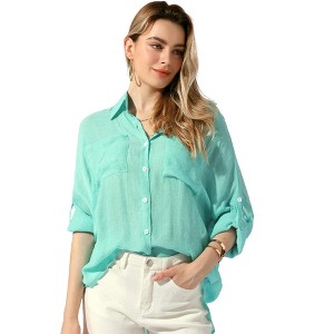 Allegra K Women's Button Down Long Sleeve Oversized Boyfriend Casual Cotton Blouses with Pockets - 1 of 4