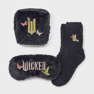 Women's Wicked Embroidered Faux Fur 3pk Cozy Gift Set with Reusable Pouch, Cozy Socks and Eye Mask - Black 4-10 - 1 of 4