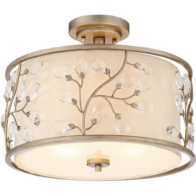 Barnes and Ivy Modern Ceiling Light Semi Flush Mount Fixture Crystal Buds Antique Silver 16" Wide Beige Fabric Drum for Bedroom
