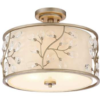 Barnes and Ivy Crystal Buds Vintage Ceiling Light Semi Flush Mount Fixture 16" Wide Antique Silver 3-Light Beige Fabric Drum Shade for Bedroom Kitchen
