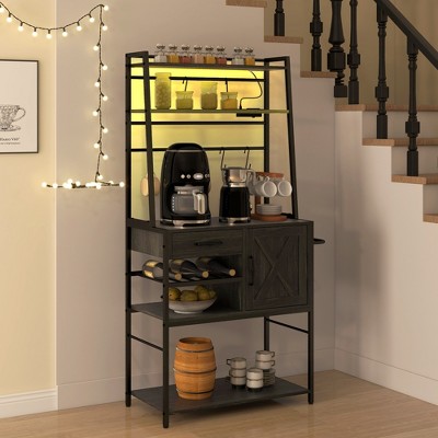 Distressed Gray Adjustable Kitchen Baker's Rack with LED Lights and Doors