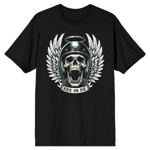 Skull with Wings and Halo, Ride or Die, Helmet on Black Short Sleeve Adult T-Shirt - 1 of 4
