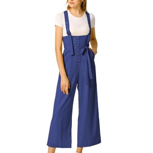 Allegra K Women's High Waist Wide Leg Belted Button Long Overalls Jumpsuit - 1 of 4
