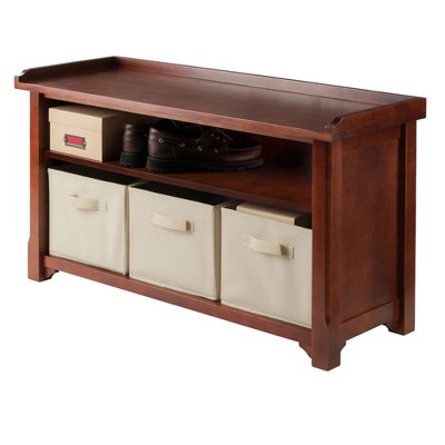 Winsome Transitional Walnut Storage Bench with Beige Fabric Baskets