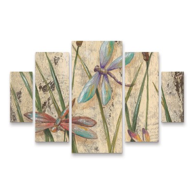 Large Beige and Green Multi Panel Dragonfly Canvas Art Set