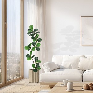 Fiddle Leaf Fig Artificial Tree with White Planter, Fake Rubber Tall Fake Floor Plant In Pot - Artificial Trees for Home Office Living Room Decor - 1 of 4