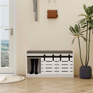 MAYEERTY 2-Tier Entryway Shoe Storage Bench, 2 Sliding Barn Doors Removable Padded Seat, Hallway Bedroom, White - 1 of 4