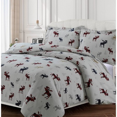 King 3pc Plaid Moose Printed Cotton Flannel Oversized Duvet Set Multi - Tribeca Living