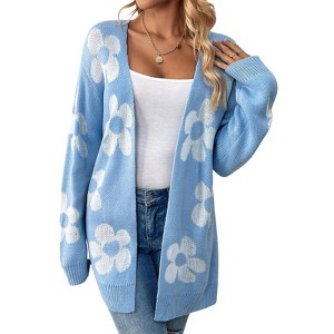 Coolmee Women's Long Sleeve Open Front Cardigans Floral Color Block Loose Knit Sweaters Outwear Coat - 1 of 4