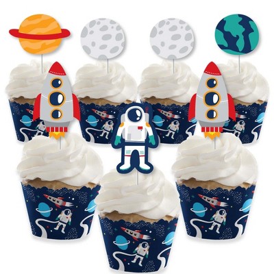 Big Dot of Happiness Blast Off to Outer Space - Cupcake Decoration - Baby Shower or Birthday Party Cupcake Wrappers and Treat Picks Kit - Set of 24