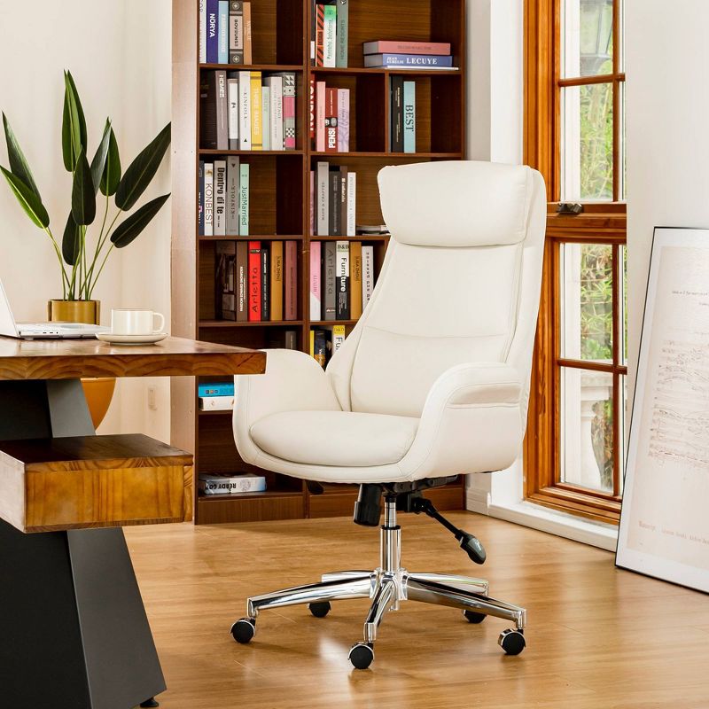 Mid Century Modern Bonded Leather Gaslift Adjustable Swivel Office Chair Cream - Glitzhome, 6 of 13