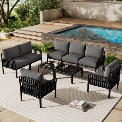 9-Pieces Patio Seating Set With Plastic Frame,Thick Cushion And Square Coffee Table,Outdoor Furniture,Patio Conversation Set -Maison Boucle