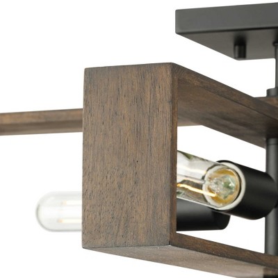 Matte Black and Wood 4-Light Flush Mount Ceiling Fixture