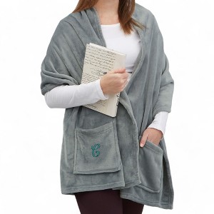 Personalization Mall Stylish Embroidered Initial Cuddle Wrap, Grey - 1 of 1