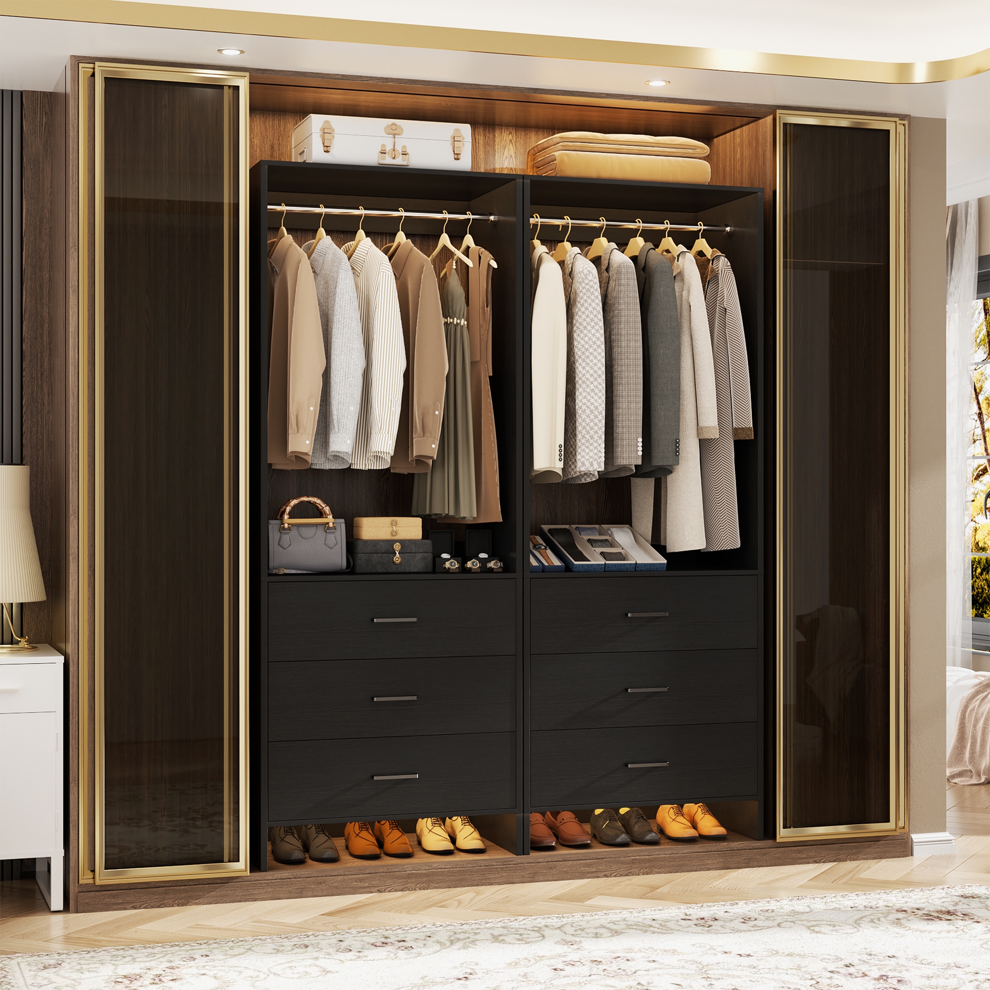 Besiost 48-In Closet Organizer System with Wooden Drawers, Freestanding Wardrobe with Hanging Rod - Black