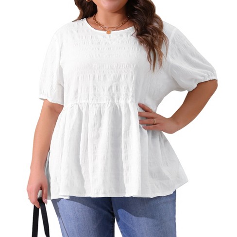 Grace Grandeur Women s Plus Size Crew Neck Short Sleeve Summer Casual Flowy Babydoll Blouses White 1x Target