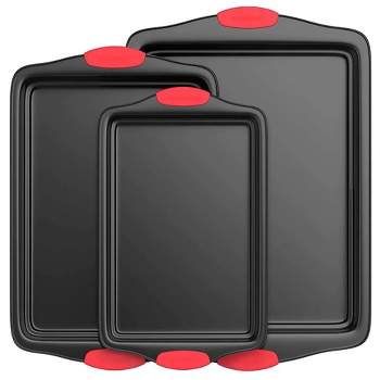 NutriChef Kitchen Oven Non Stick Gray Coating Carbon Steel 3 Piece Cookie Sheets Bakeware Set with Heat Resistant Red Silicone Handles