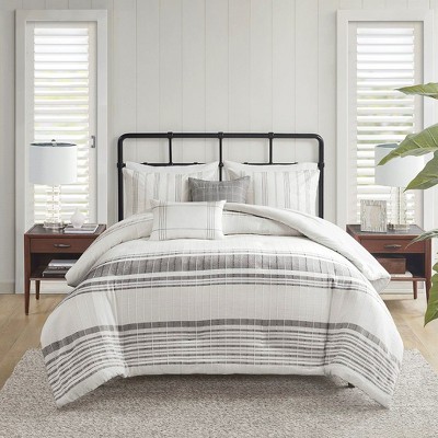 Sapphtopaz 5 PCS Duvet Set Cotton Jaquard Vertical Textured Woven Stripes & Embroidery Bedding Set with 2 Throw Pillow Bedding Set