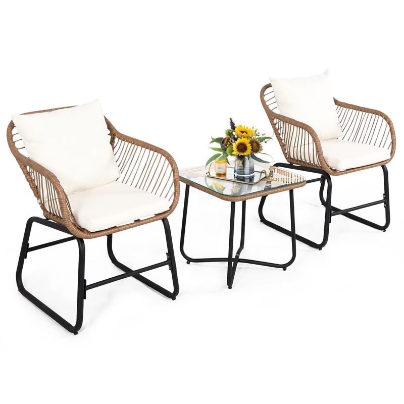 Tangkula 3PCS Patio Rattan Furniture Set Outdoor Bistro Set w/Washable Cushion Conversation Set w/2 Armchairs for Backyard White, 1 of 9