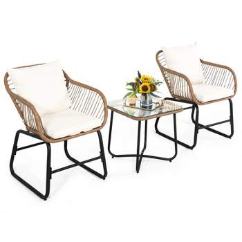 Tangkula 3PCS Patio Rattan Furniture Set Outdoor Bistro Set w/Washable Cushion Conversation Set w/2 Armchairs for Backyard White