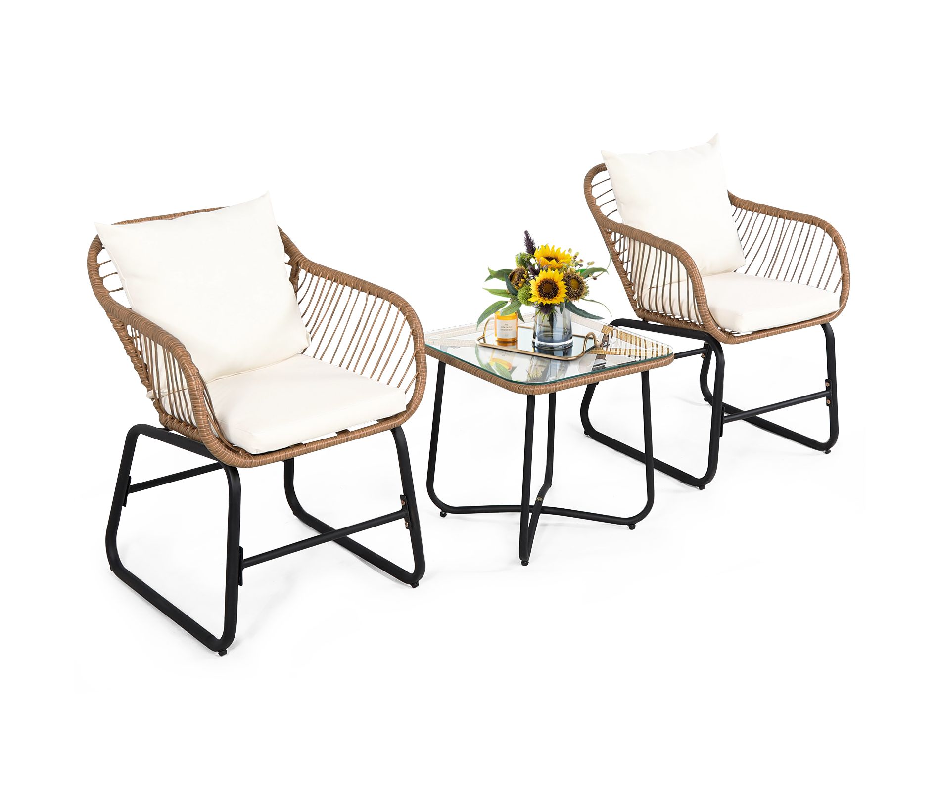 Tangkula 3PCS Patio Rattan Furniture Set Outdoor Bistro Set w/Washable Cushion Conversation Set w/2 Armchairs for Backyard White