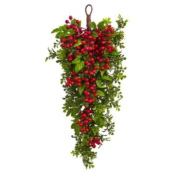Berry Boxwood Teardrop Wall Hanging (26") - Nearly Natural
