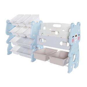 VYNXARIA Kids Toy Storage Organizer with 2-Tier Bookshelf and 12 Bins, Blue, Ideal for Playroom and Classroom - 1 of 4