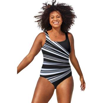 Swimsuits For All Women's Plus Size Chlorine Resistant Square Neck Tummy  Control One Piece Swimsuit, 14 - Black Gold Starburst : Target